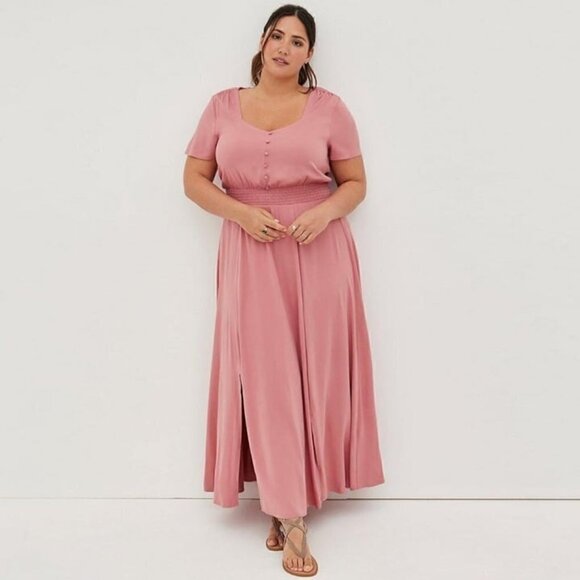 Torrid 0 Large 12 Maxi Dress Challis Smocked Waist Short Sleeve Dusty Rose NEW - Picture 1 of 12